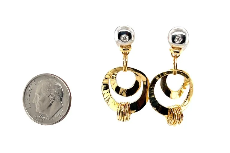 Orlando Orlandini Hammered Circle Dangle Earrings in 18k  White and Yellow Gold