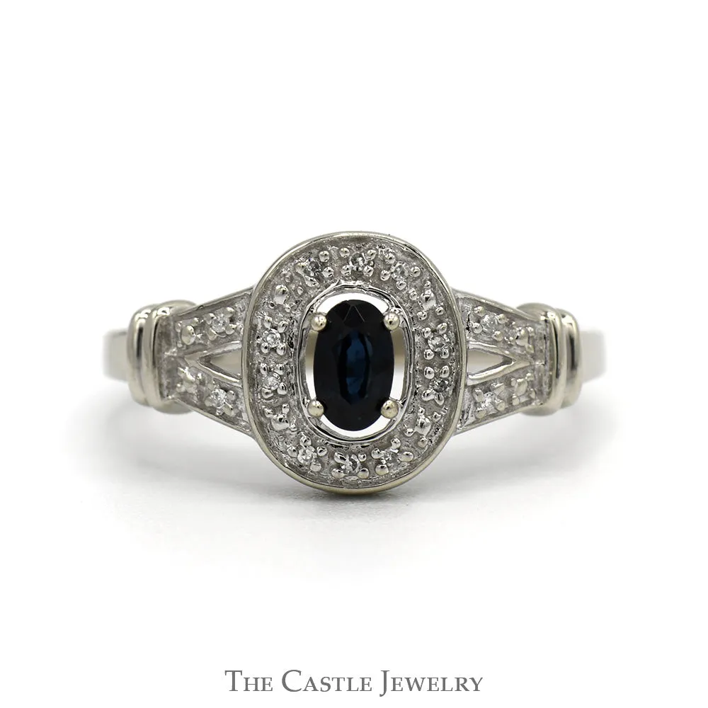Oval Sapphire Ring with Illusion Set Diamond Halo and Accented Split Shank Sides in 10k White Gold
