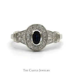 Oval Sapphire Ring with Illusion Set Diamond Halo and Accented Split Shank Sides in 10k White Gold