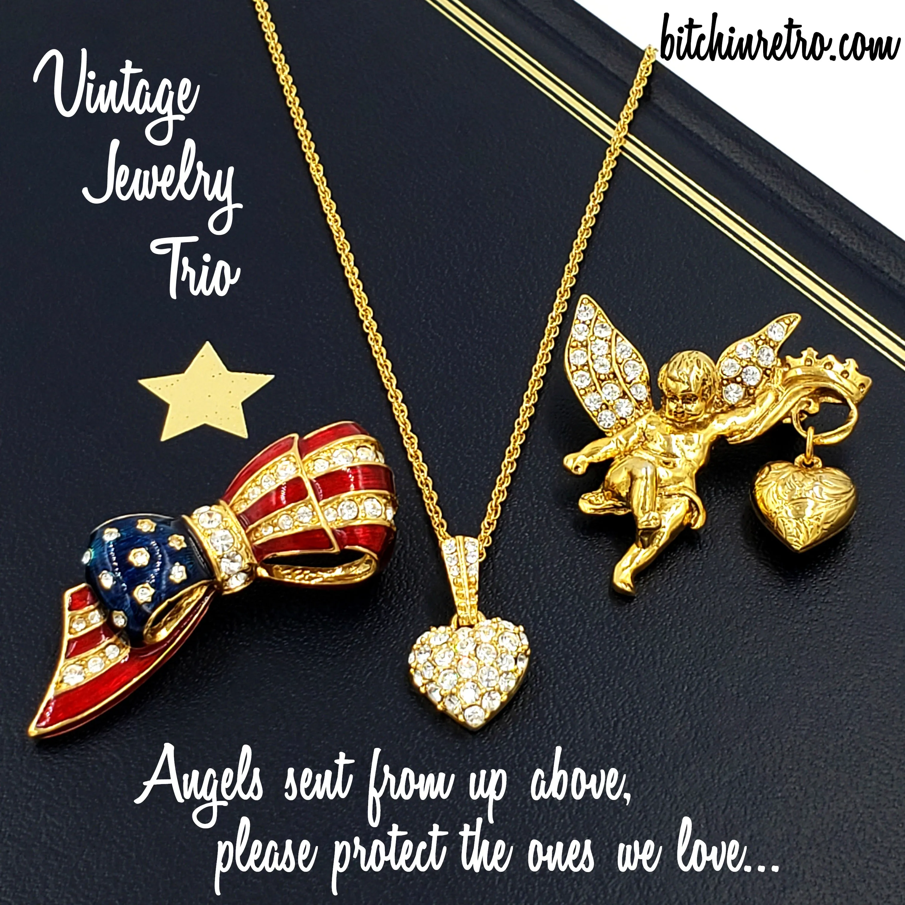 Patriotic Angels Vintage Set With Monet and Carolee Rhinestone Jewelry