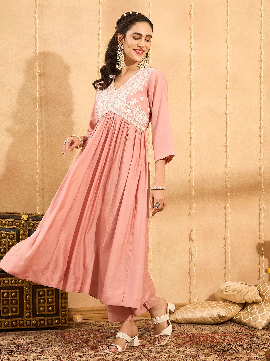 Peach Kurta Set - Women Chanderi Silk Comfort Kurta Set with Dupatta - Zola