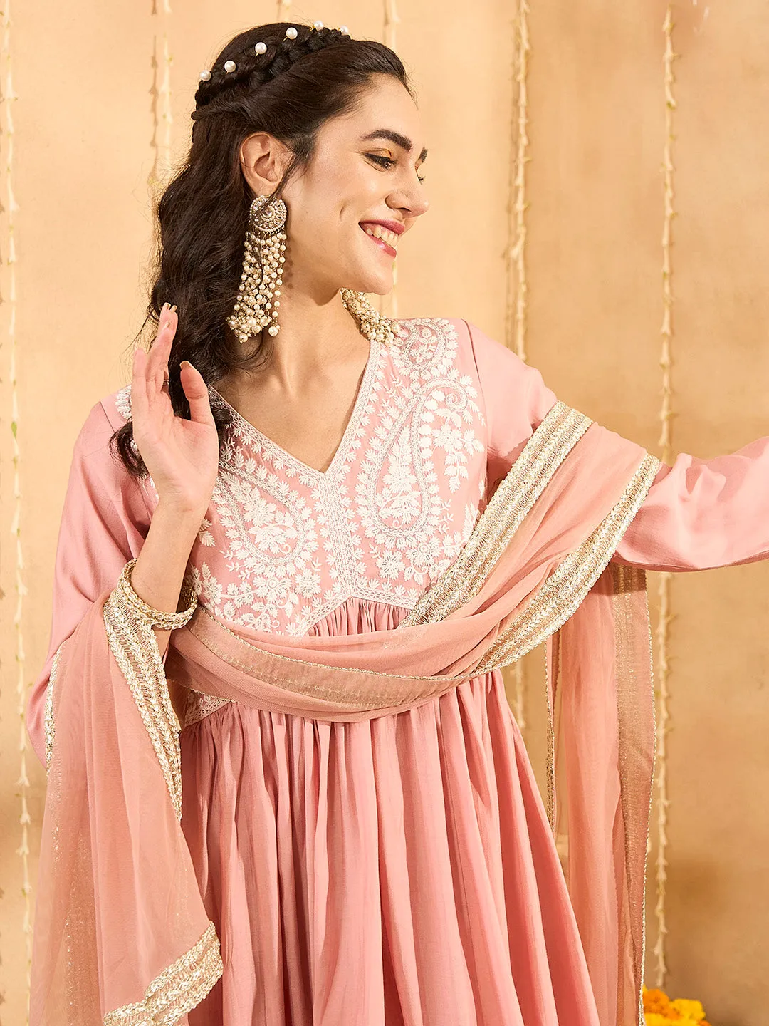 Peach Kurta Set - Women Chanderi Silk Comfort Kurta Set with Dupatta - Zola