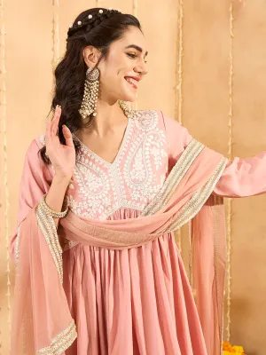 Peach Kurta Set - Women Chanderi Silk Comfort Kurta Set with Dupatta - Zola