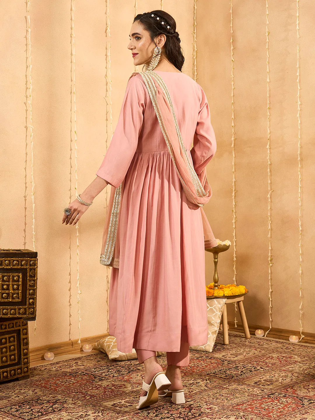 Peach Kurta Set - Women Chanderi Silk Comfort Kurta Set with Dupatta - Zola
