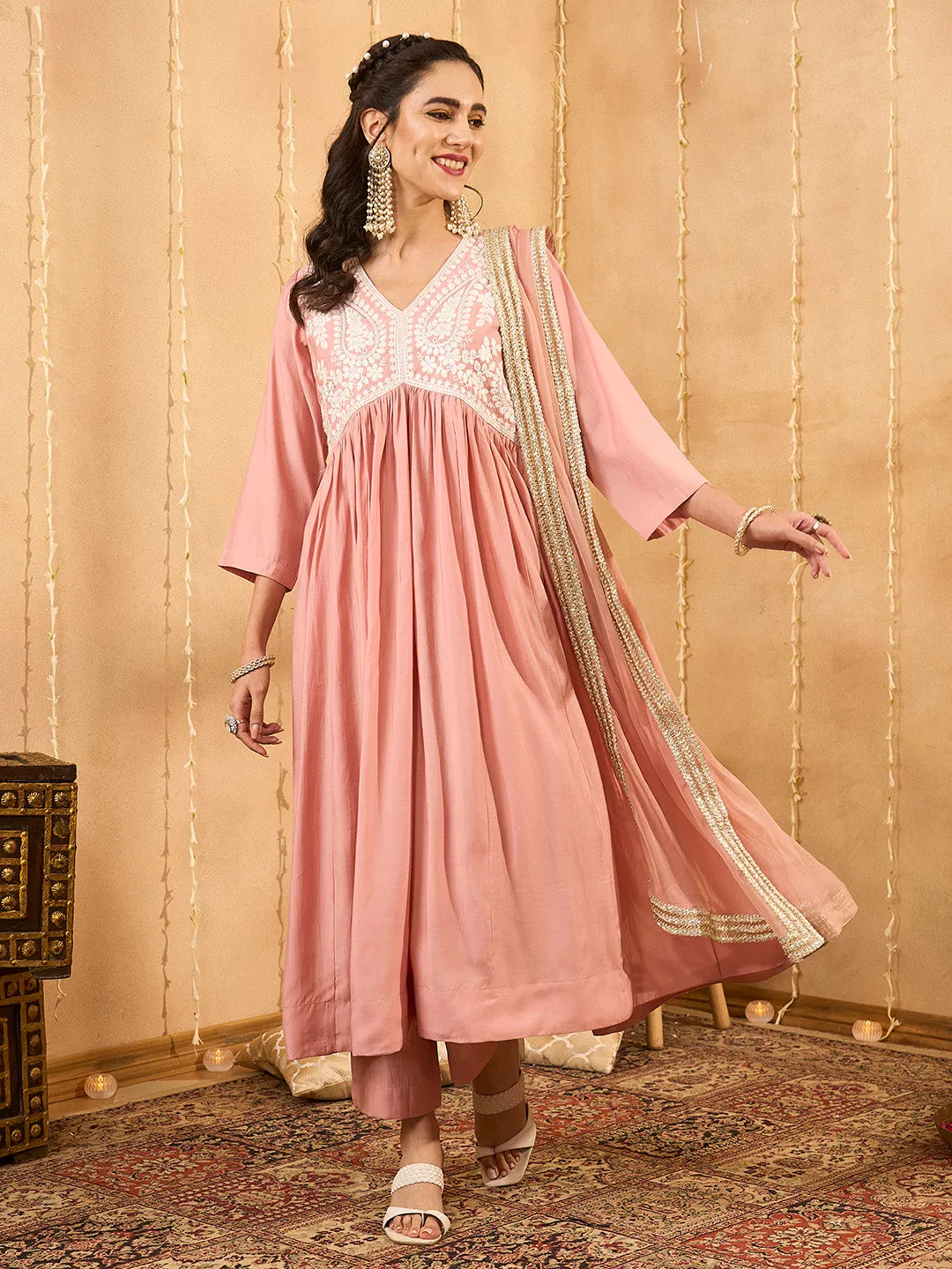 Peach Kurta Set - Women Chanderi Silk Comfort Kurta Set with Dupatta - Zola