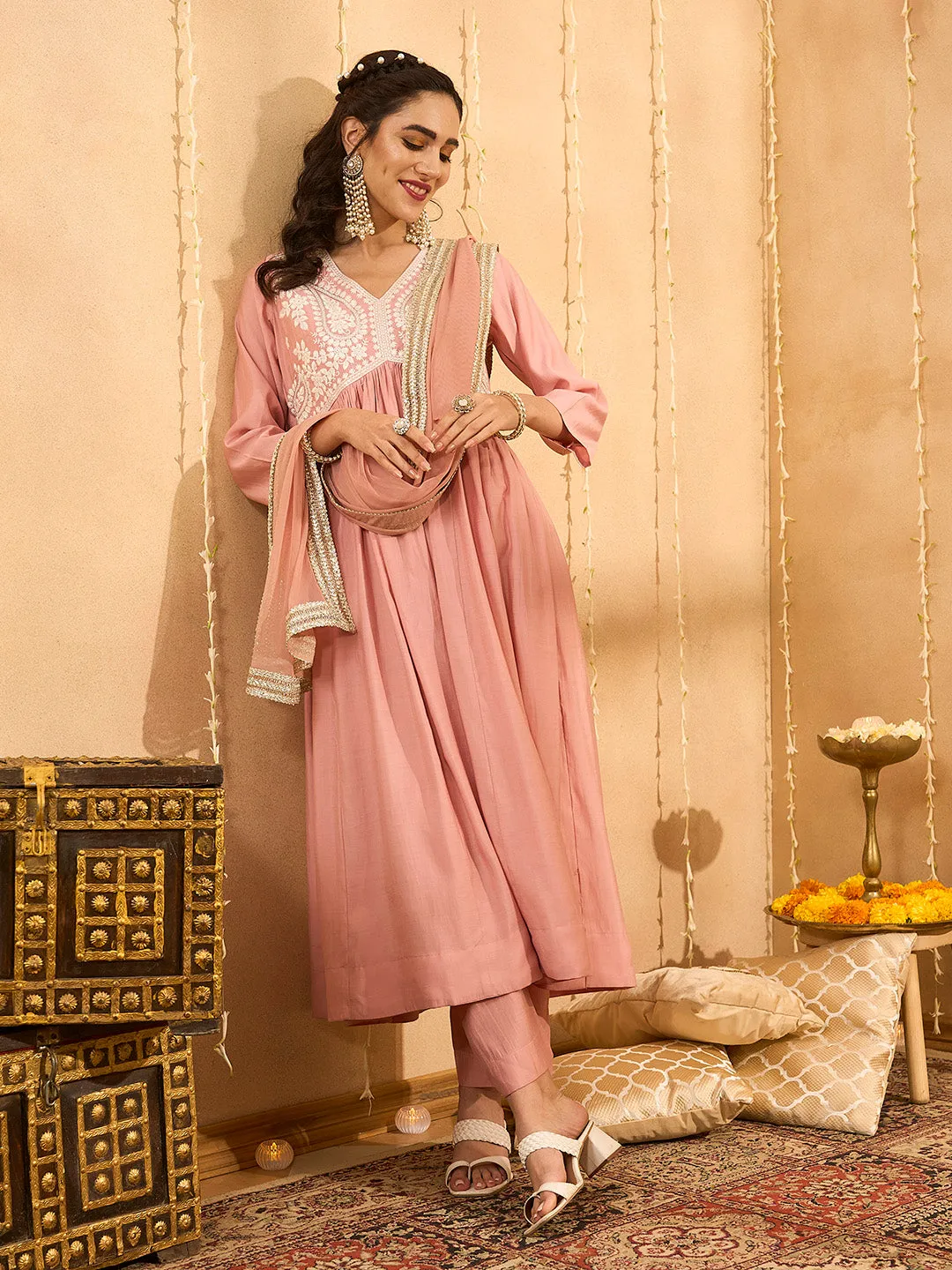 Peach Kurta Set - Women Chanderi Silk Comfort Kurta Set with Dupatta - Zola