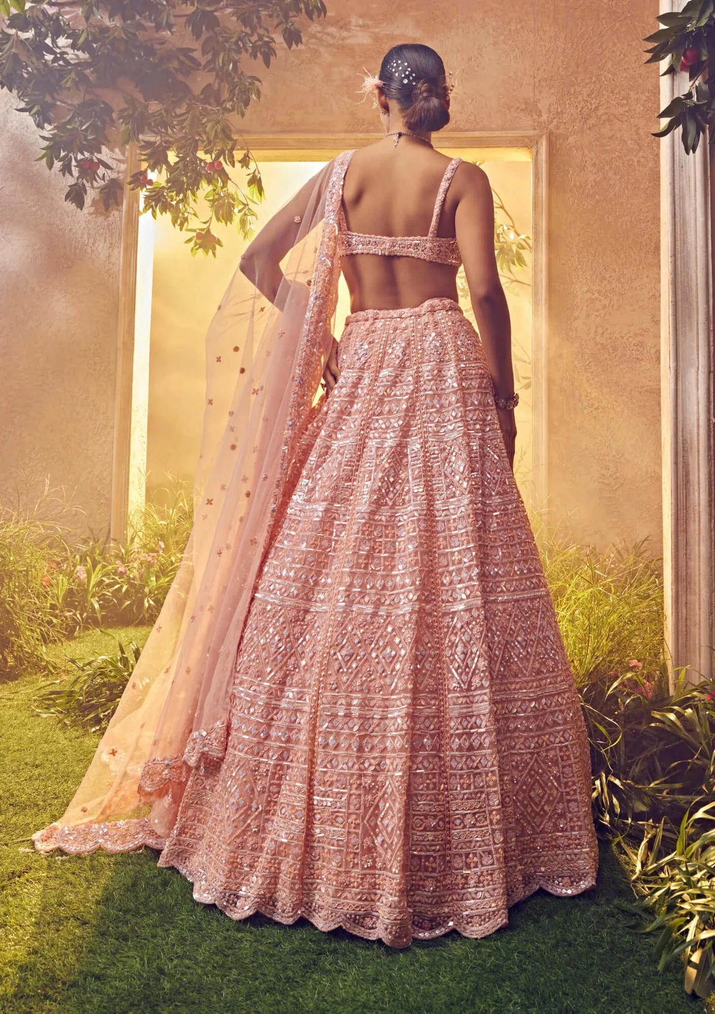 Peach tulle embroidered lehenga set