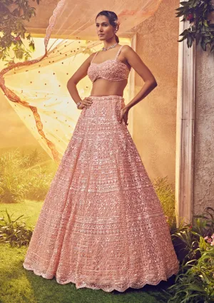 Peach tulle embroidered lehenga set