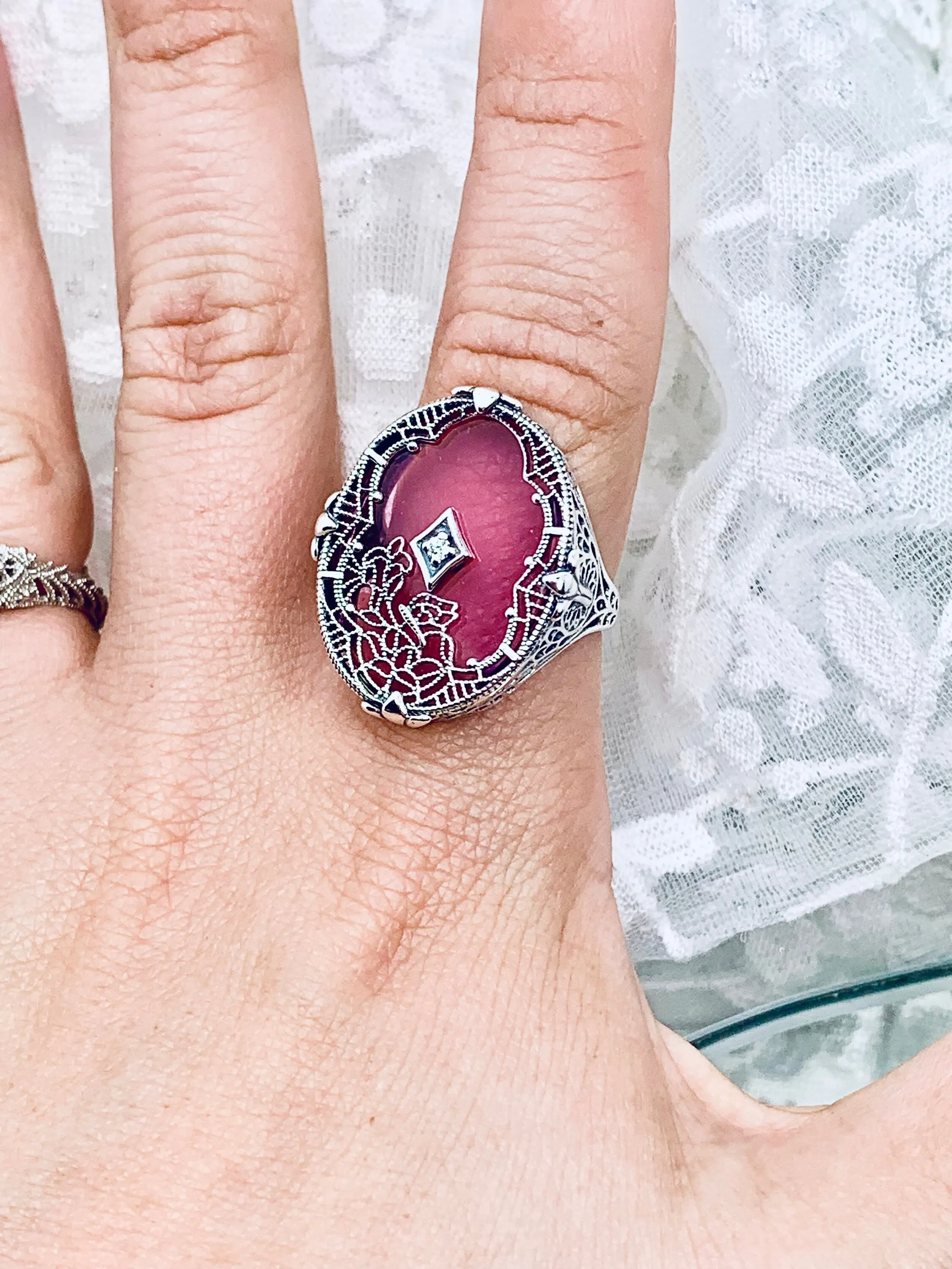 Petal Pink Camphor Glass Ring, Size 8, Oval Stained-Glass with inset, Looking Glass #D594 - Ready to Ship
