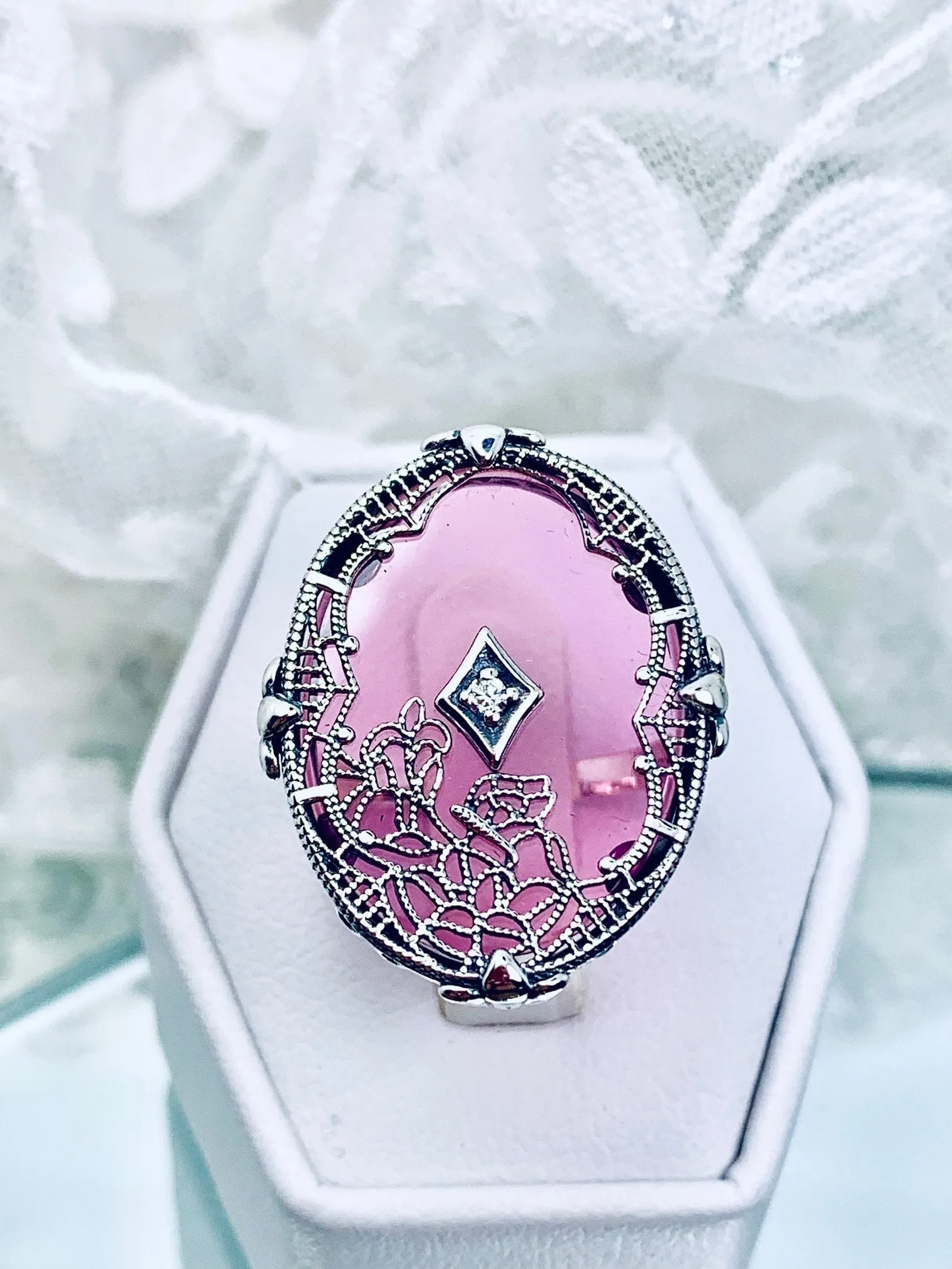 Petal Pink Camphor Glass Ring, Size 8, Oval Stained-Glass with inset, Looking Glass #D594 - Ready to Ship