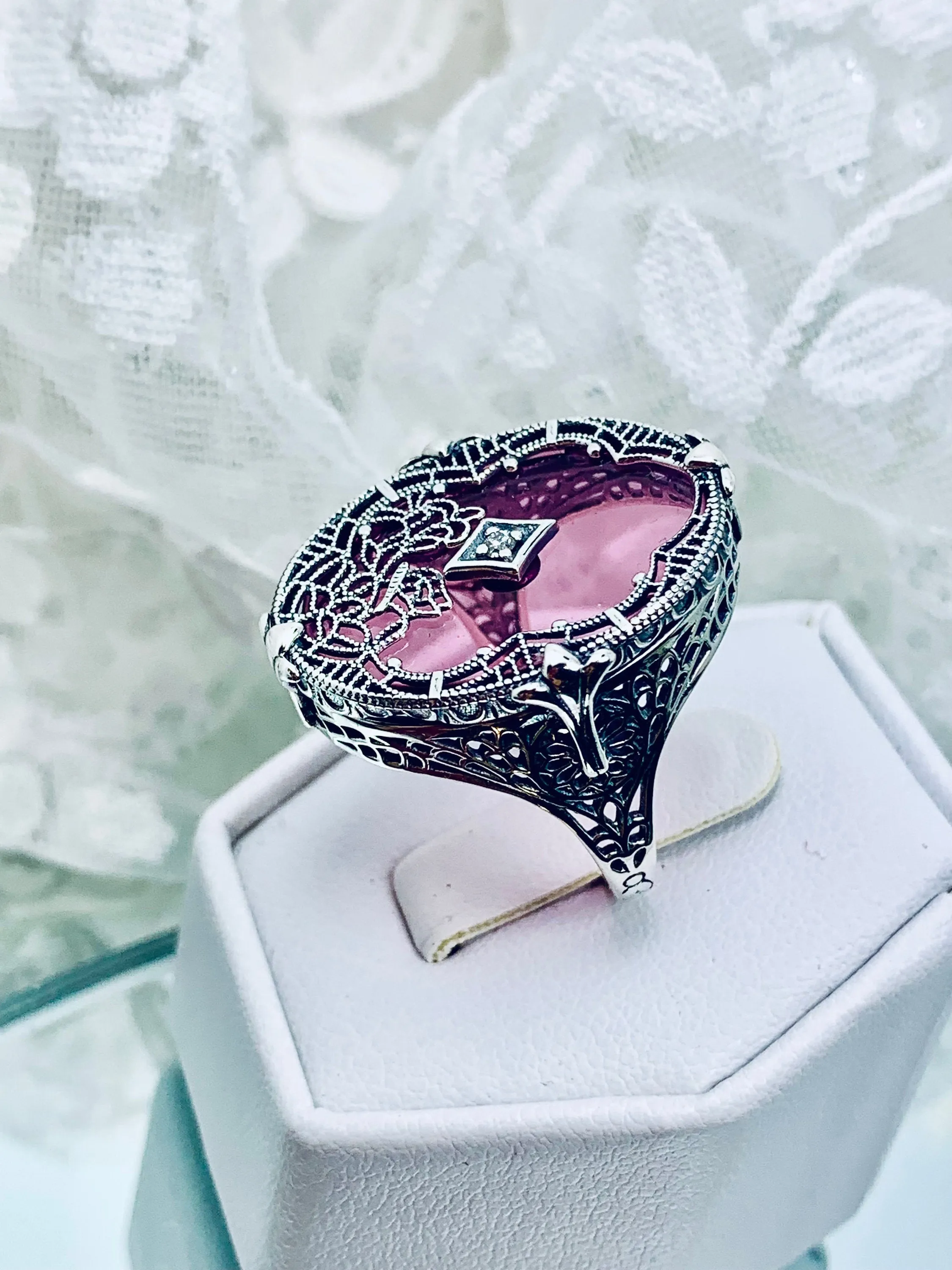 Petal Pink Camphor Glass Ring, Size 8, Oval Stained-Glass with inset, Looking Glass #D594 - Ready to Ship