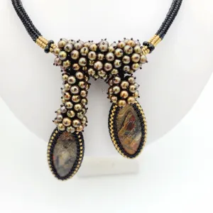 Pietersite Beads  with Freshwater Peacock Pearl Beads Beadwoven  Seed Beads Hand Made Necklace.
