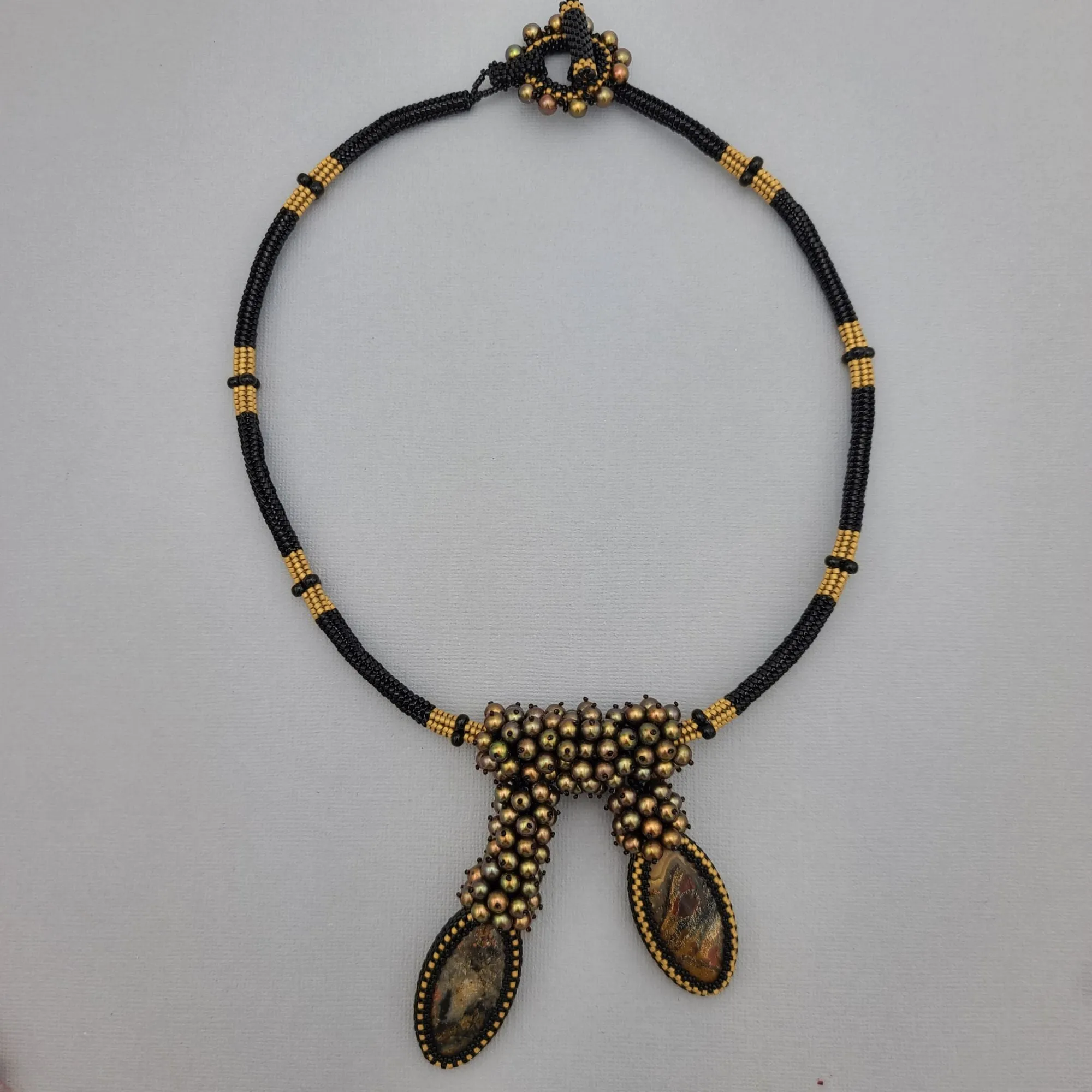 Pietersite Beads  with Freshwater Peacock Pearl Beads Beadwoven  Seed Beads Hand Made Necklace.