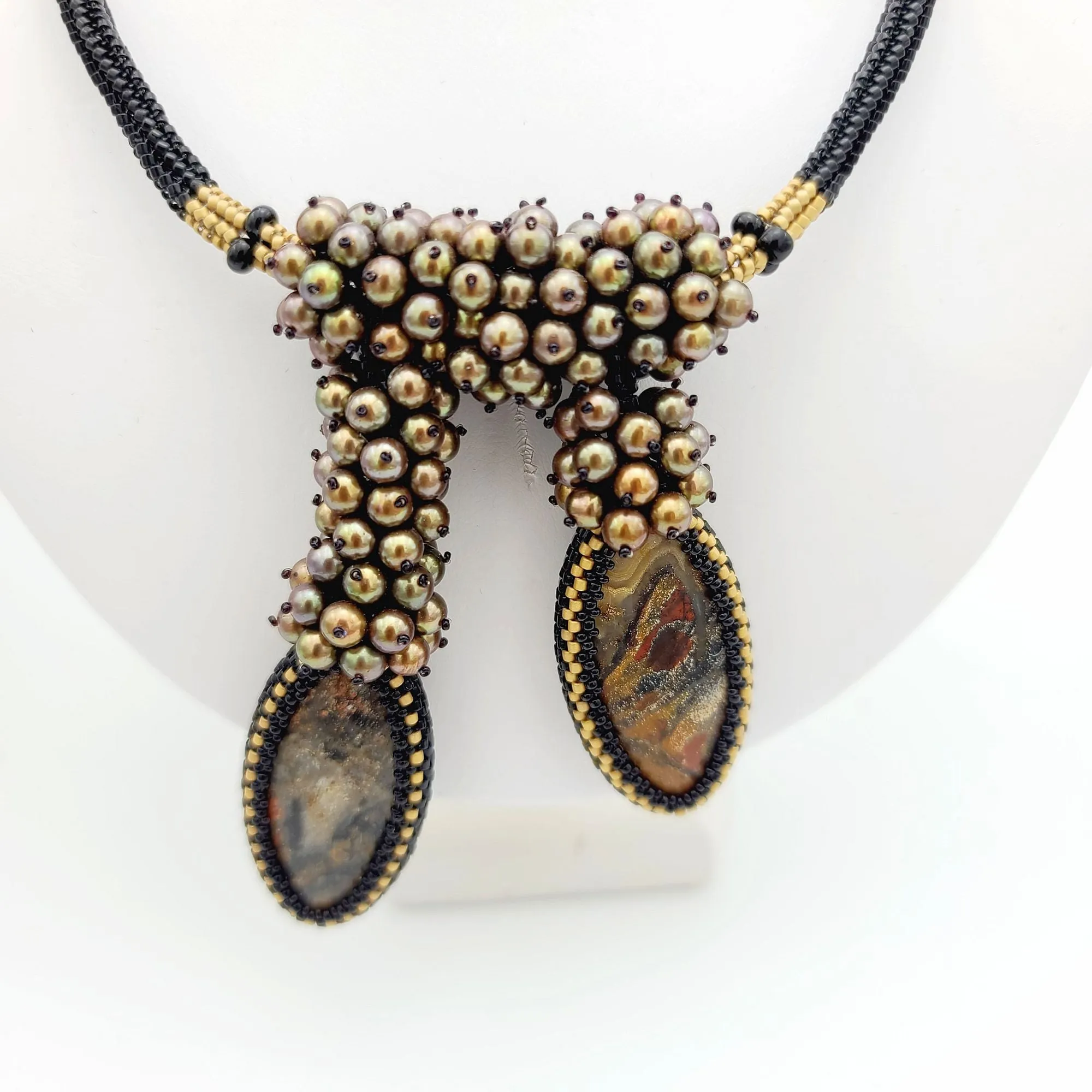 Pietersite Beads  with Freshwater Peacock Pearl Beads Beadwoven  Seed Beads Hand Made Necklace.