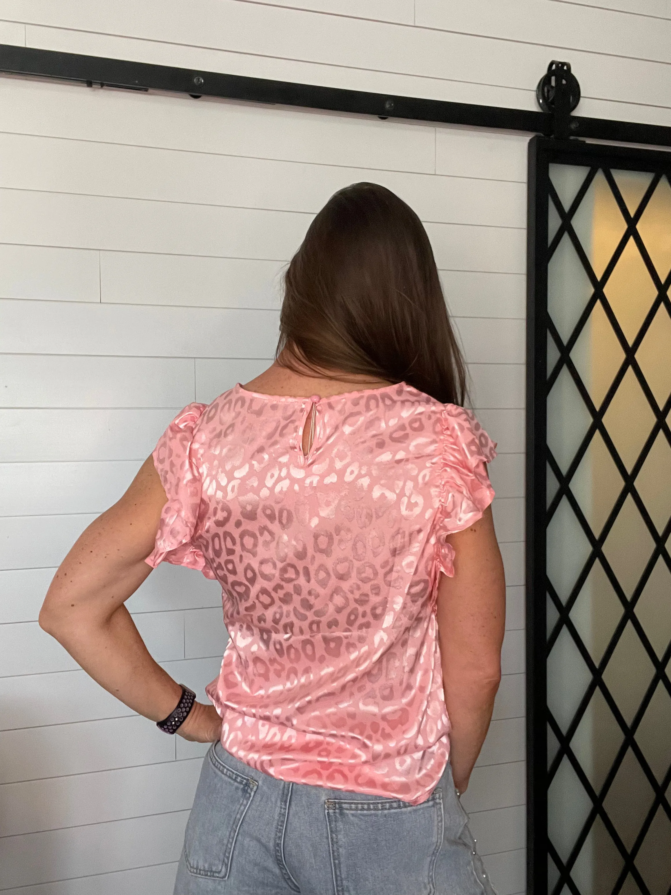 Pink Satin Leopard Print Ruffle Tank Top