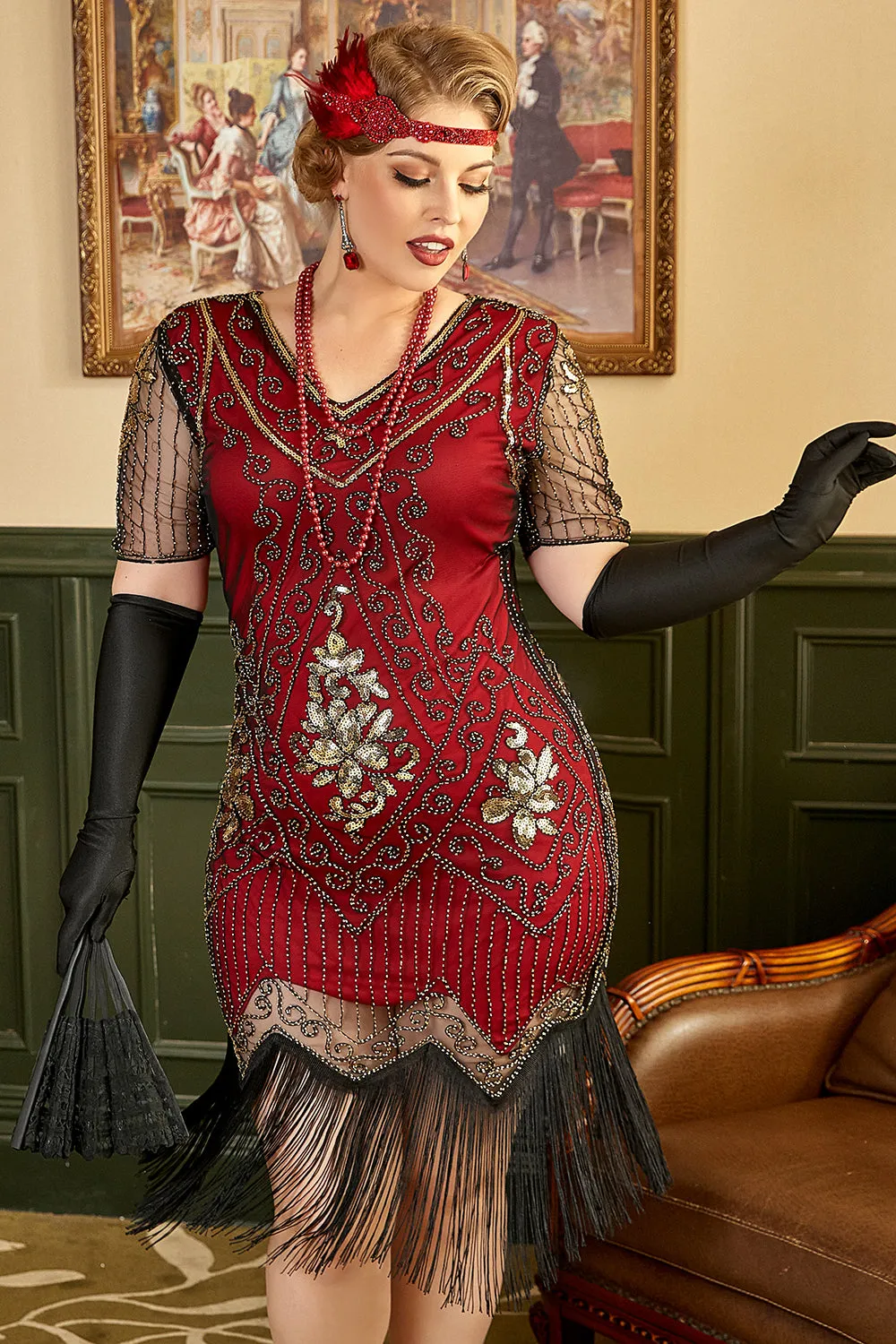 Plus Size 1920s Gatsby Sequin Fringed Paisley Flapper Dress