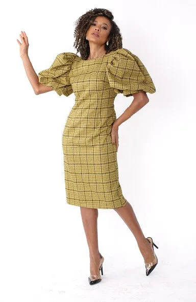 Puff Sleeve Plaid Midi Dress -82015