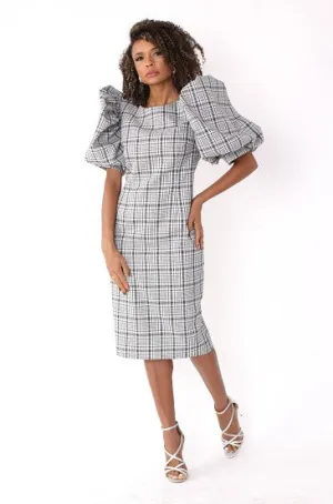 Puff Sleeve Plaid Midi Dress -82015