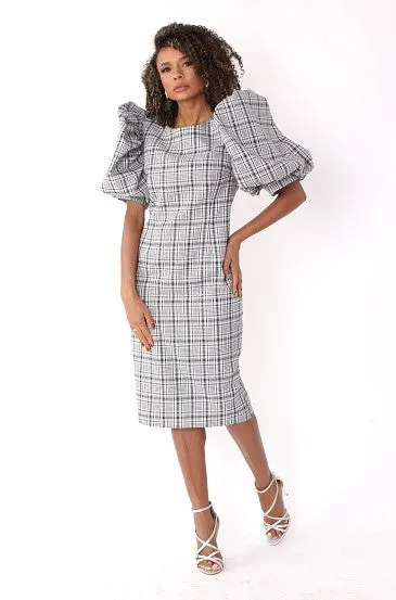 Puff Sleeve Plaid Midi Dress -82015