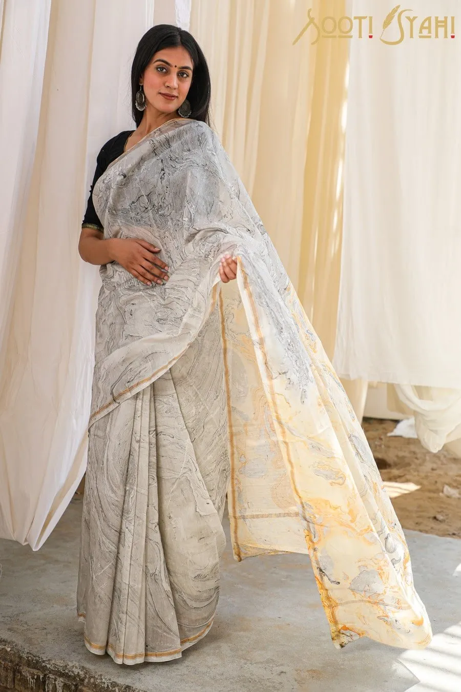 "POISE"  HAND MARBLE PRINT CHANDERI SILK SAREE