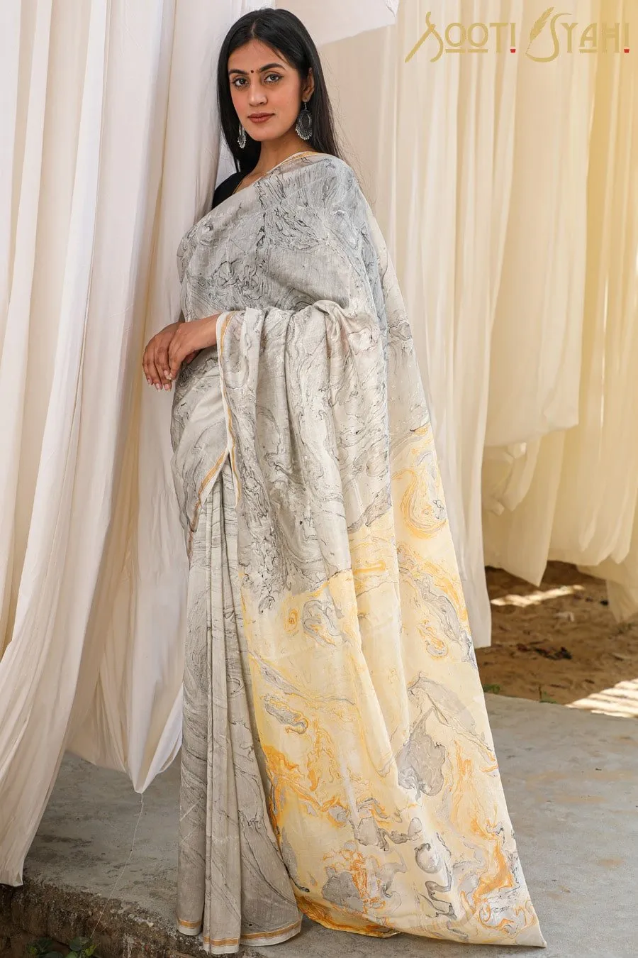 "POISE"  HAND MARBLE PRINT CHANDERI SILK SAREE