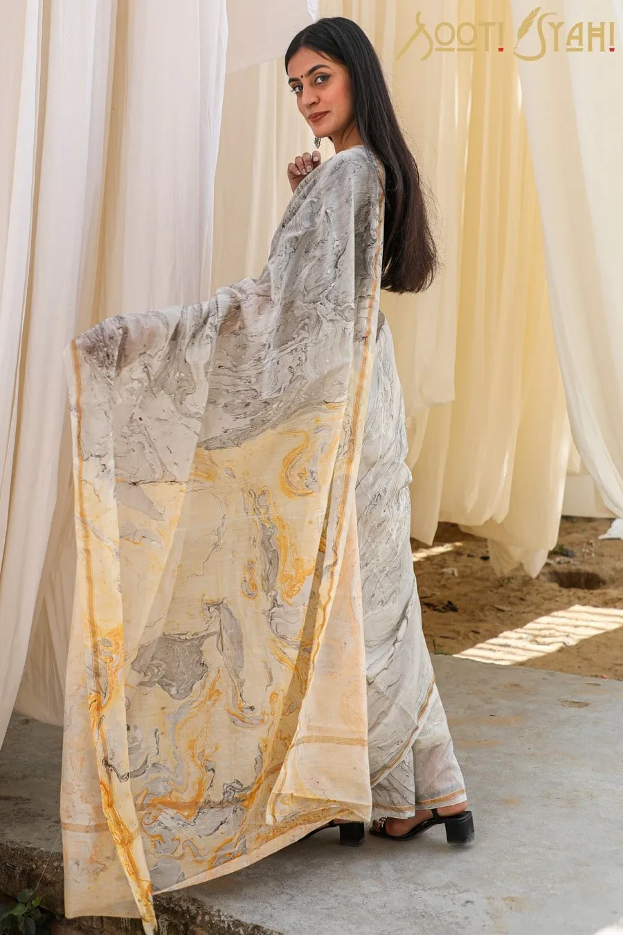 "POISE"  HAND MARBLE PRINT CHANDERI SILK SAREE