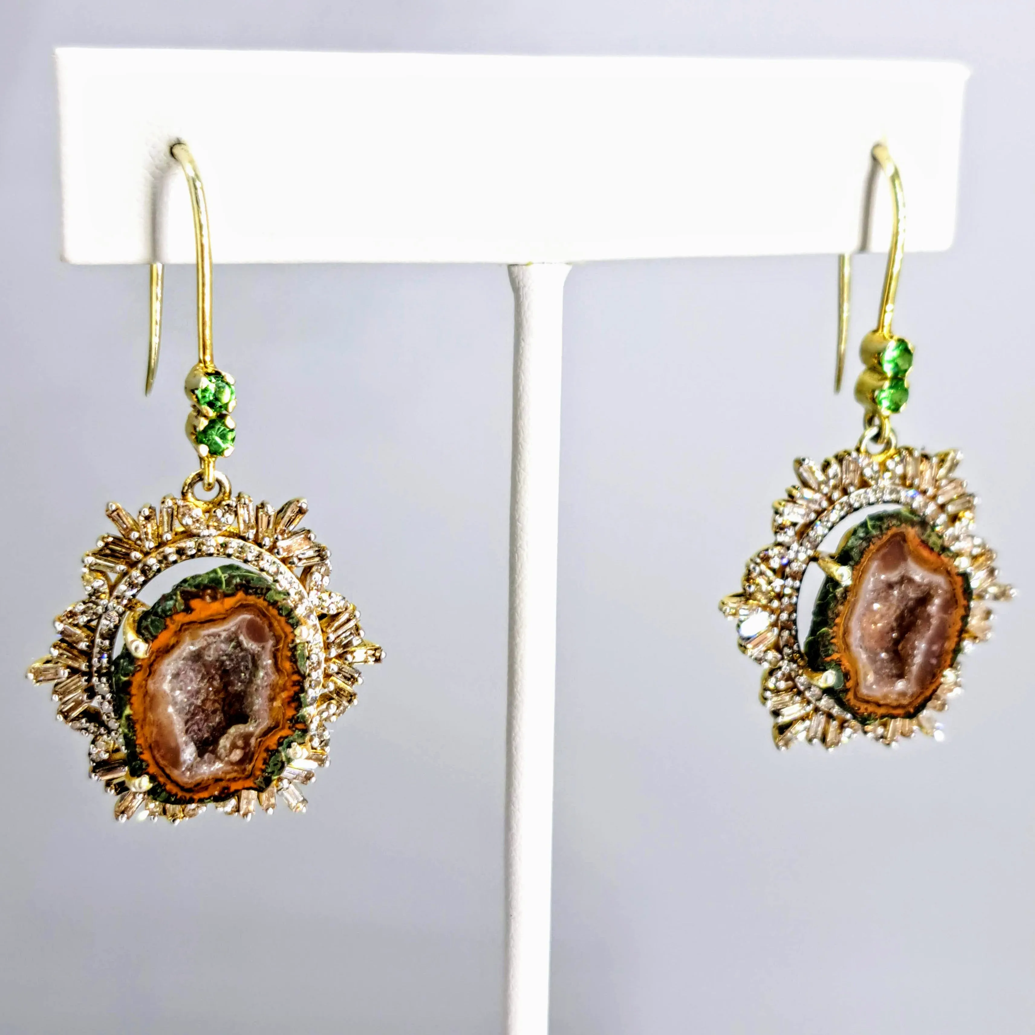 "Spice Of Life" 2" Earrings - Tabasco Geodes, Diamonds, Tsavorite, 18K Gold Sterling