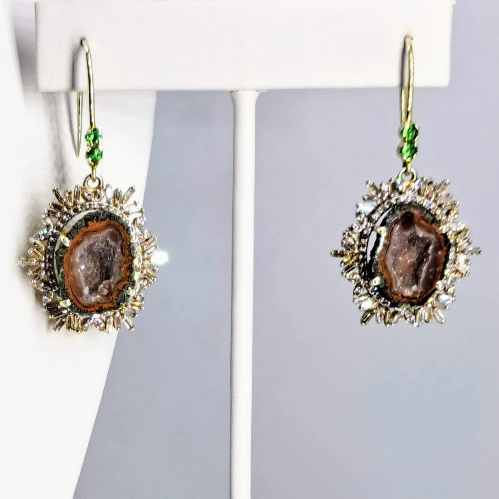 "Spice Of Life" 2" Earrings - Tabasco Geodes, Diamonds, Tsavorite, 18K Gold Sterling