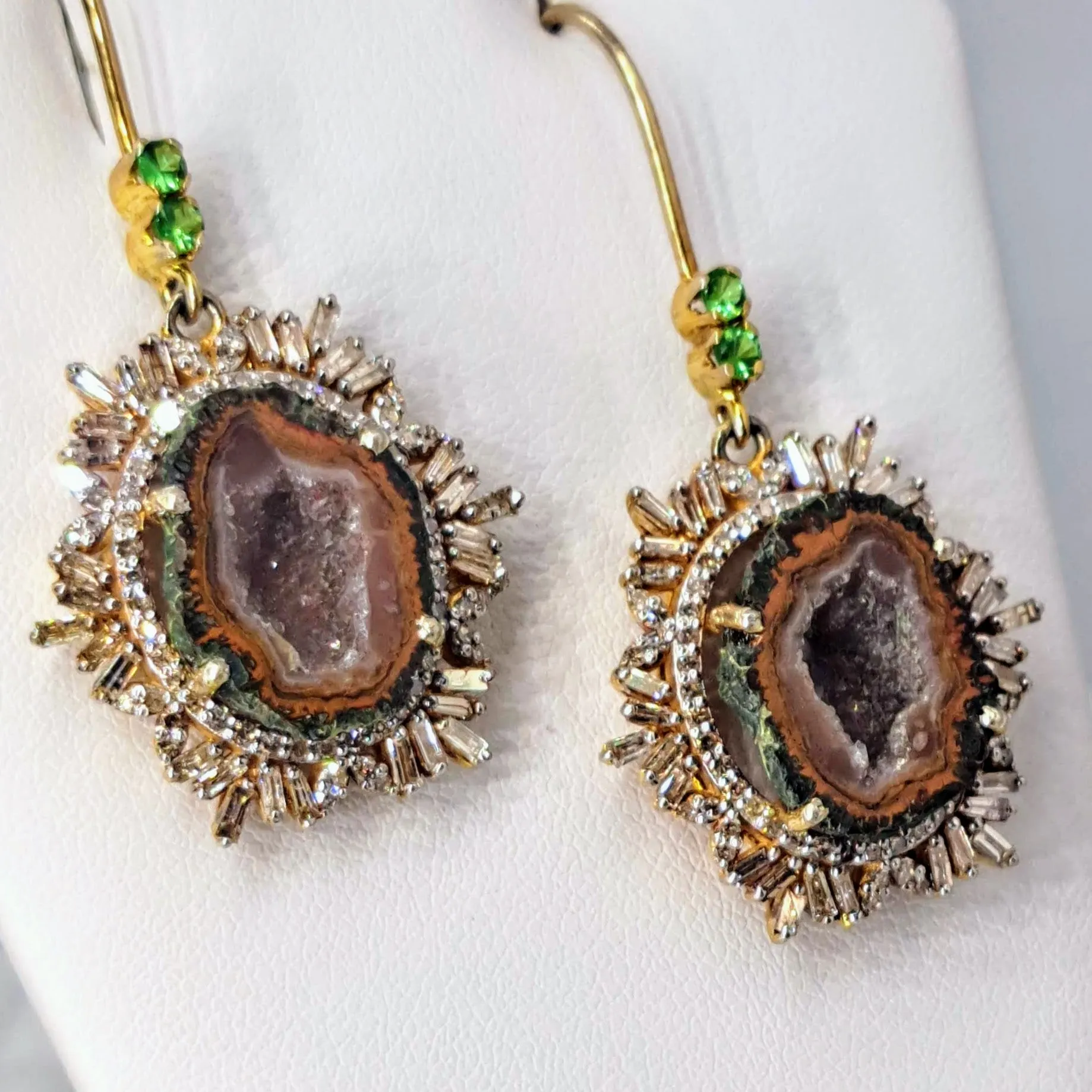 "Spice Of Life" 2" Earrings - Tabasco Geodes, Diamonds, Tsavorite, 18K Gold Sterling
