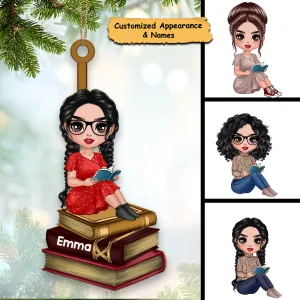 Reading Girls Sitting On Books Personalized Wooden Ornament