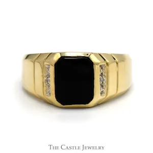 Rectangular Black Onyx Ring with Diamond Accents in 10k Yellow Gold Grooved Mounting