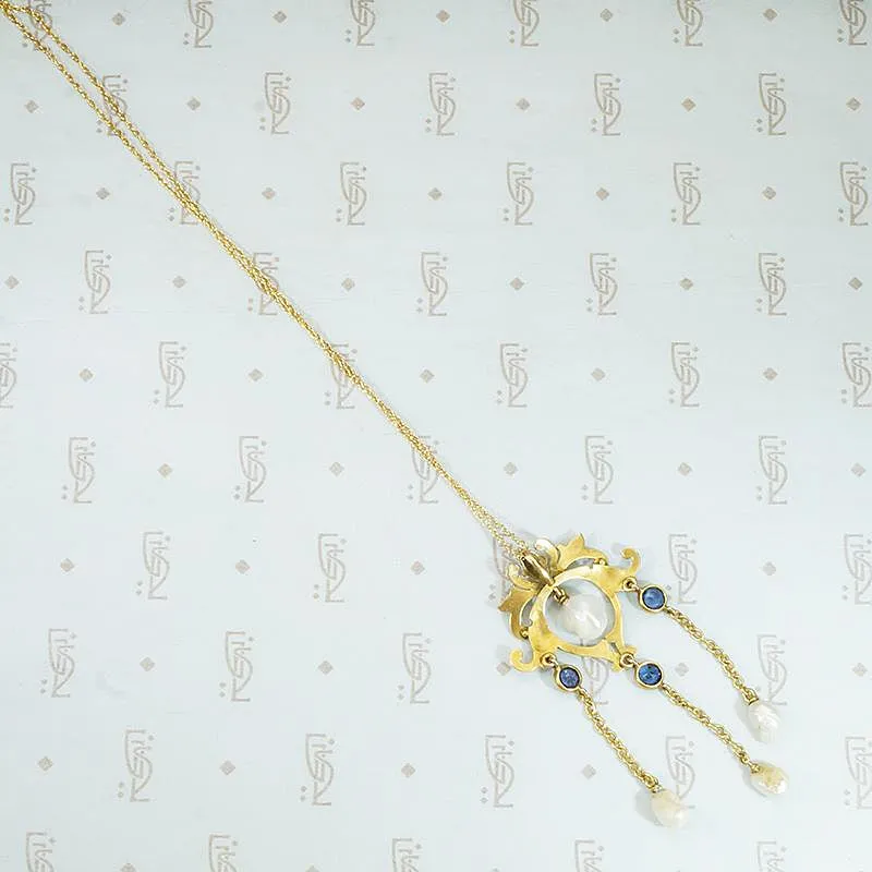 Renaissance Revival Lavalier in Gold, Sapphires & Pearls