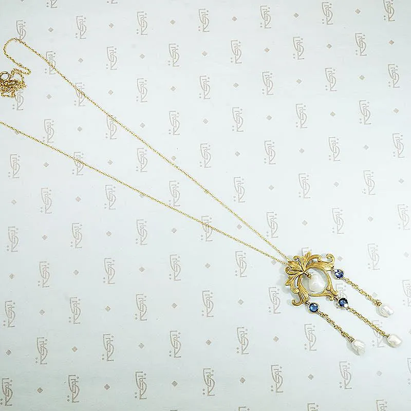 Renaissance Revival Lavalier in Gold, Sapphires & Pearls