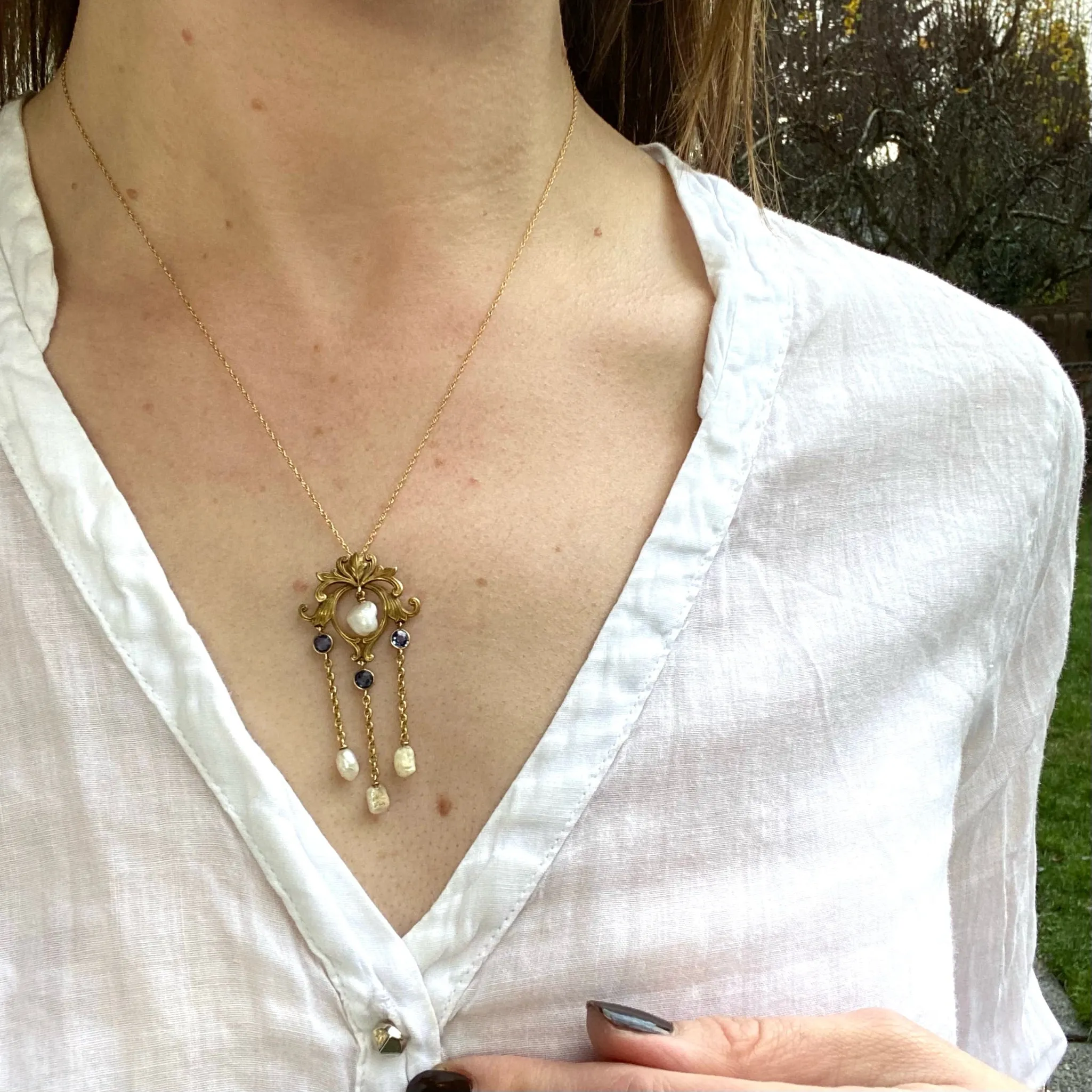 Renaissance Revival Lavalier in Gold, Sapphires & Pearls