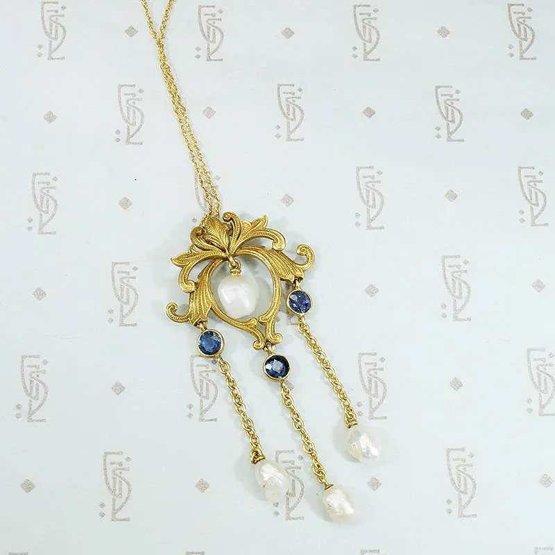 Renaissance Revival Lavalier in Gold, Sapphires & Pearls