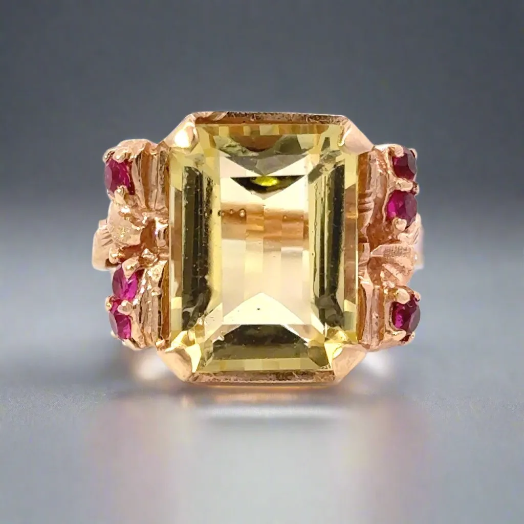 Retro Citrine, Ruby and 14K Yellow Gold Ring