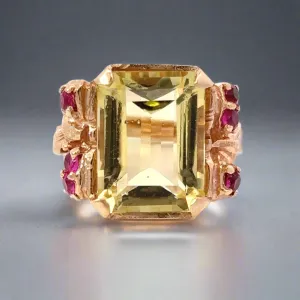 Retro Citrine, Ruby and 14K Yellow Gold Ring