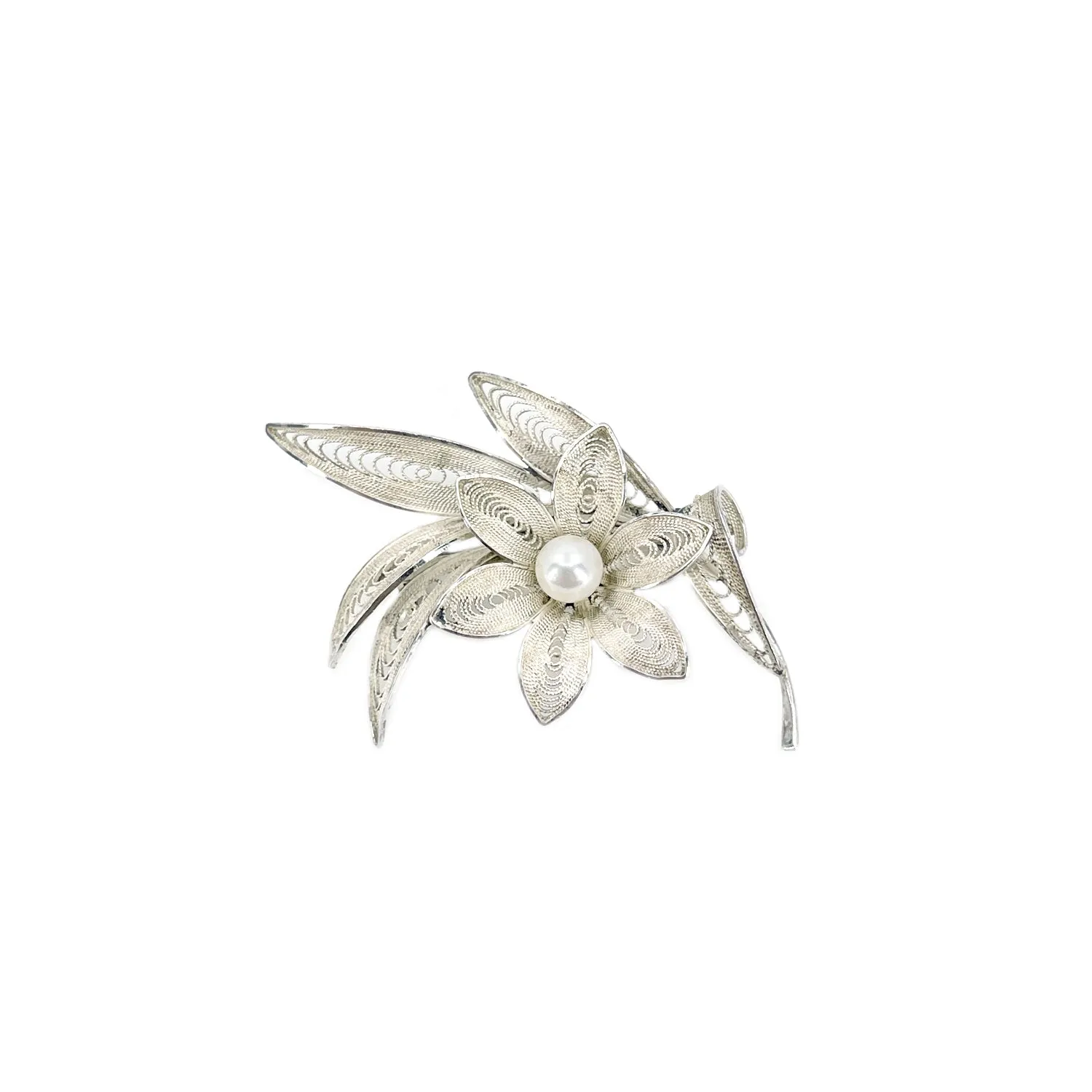 Retro Filigree Flower Japanese Saltwater Akoya Pearl Vintage Earrings & Brooch Set- Sterling Silver