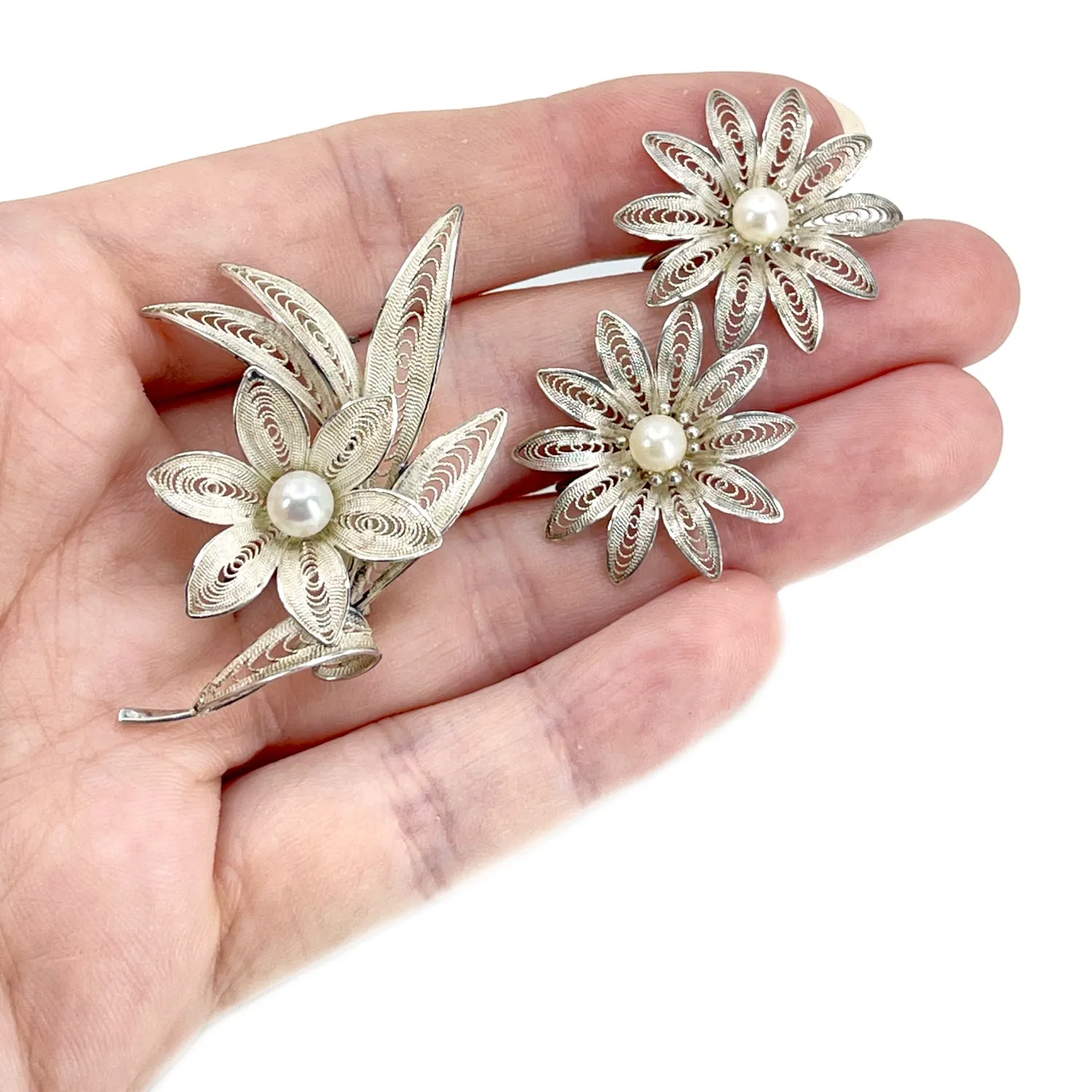 Retro Filigree Flower Japanese Saltwater Akoya Pearl Vintage Earrings & Brooch Set- Sterling Silver