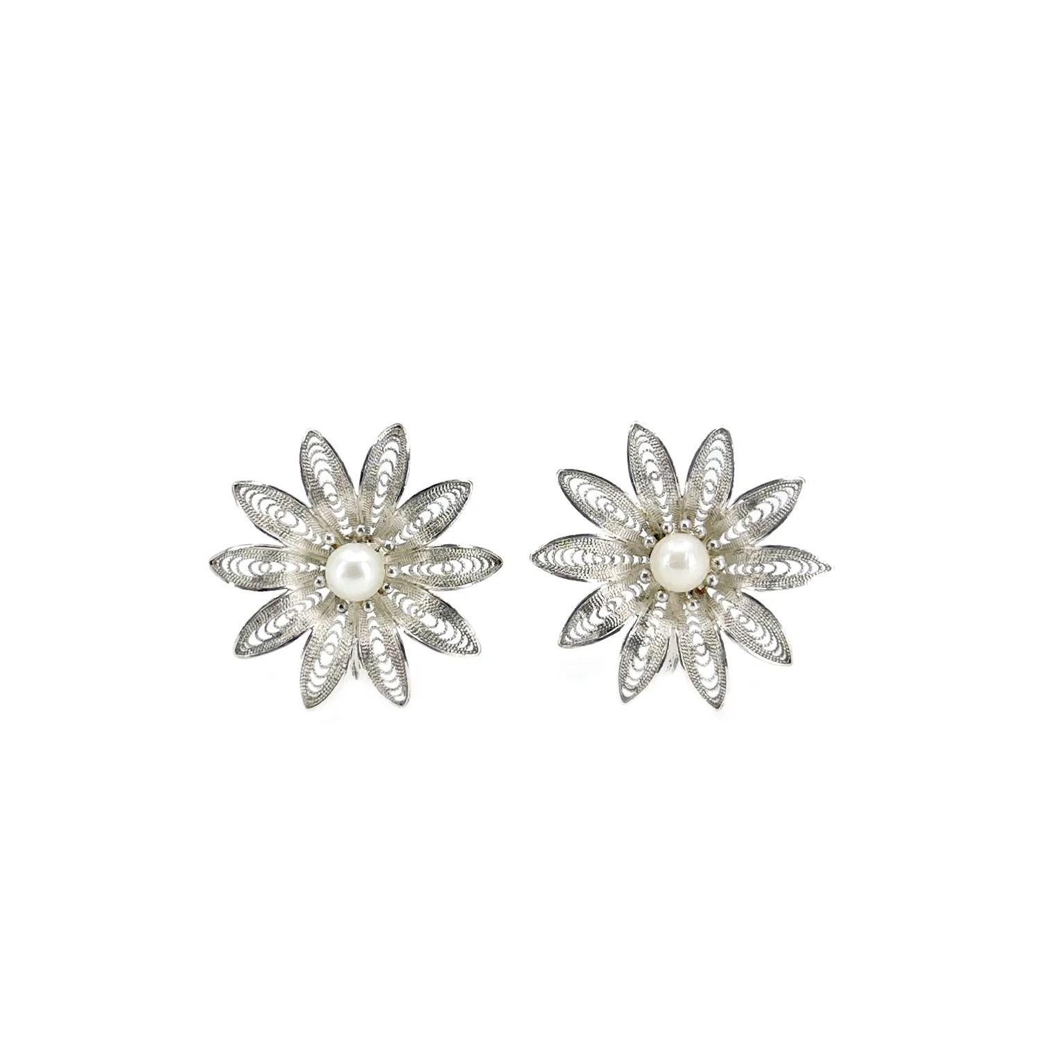 Retro Filigree Flower Japanese Saltwater Akoya Pearl Vintage Earrings & Brooch Set- Sterling Silver