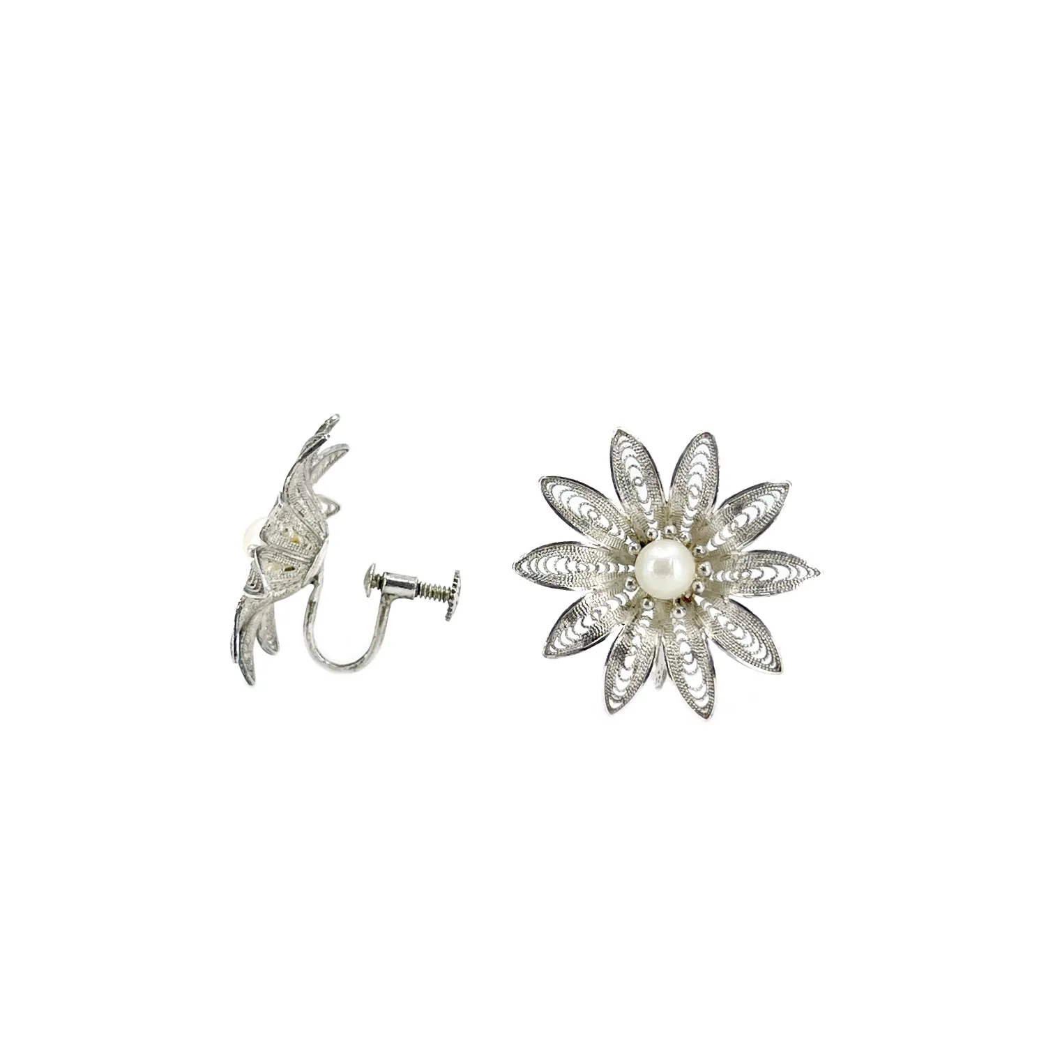 Retro Filigree Flower Japanese Saltwater Akoya Pearl Vintage Earrings & Brooch Set- Sterling Silver