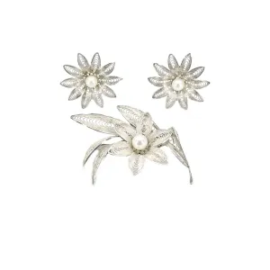 Retro Filigree Flower Japanese Saltwater Akoya Pearl Vintage Earrings & Brooch Set- Sterling Silver
