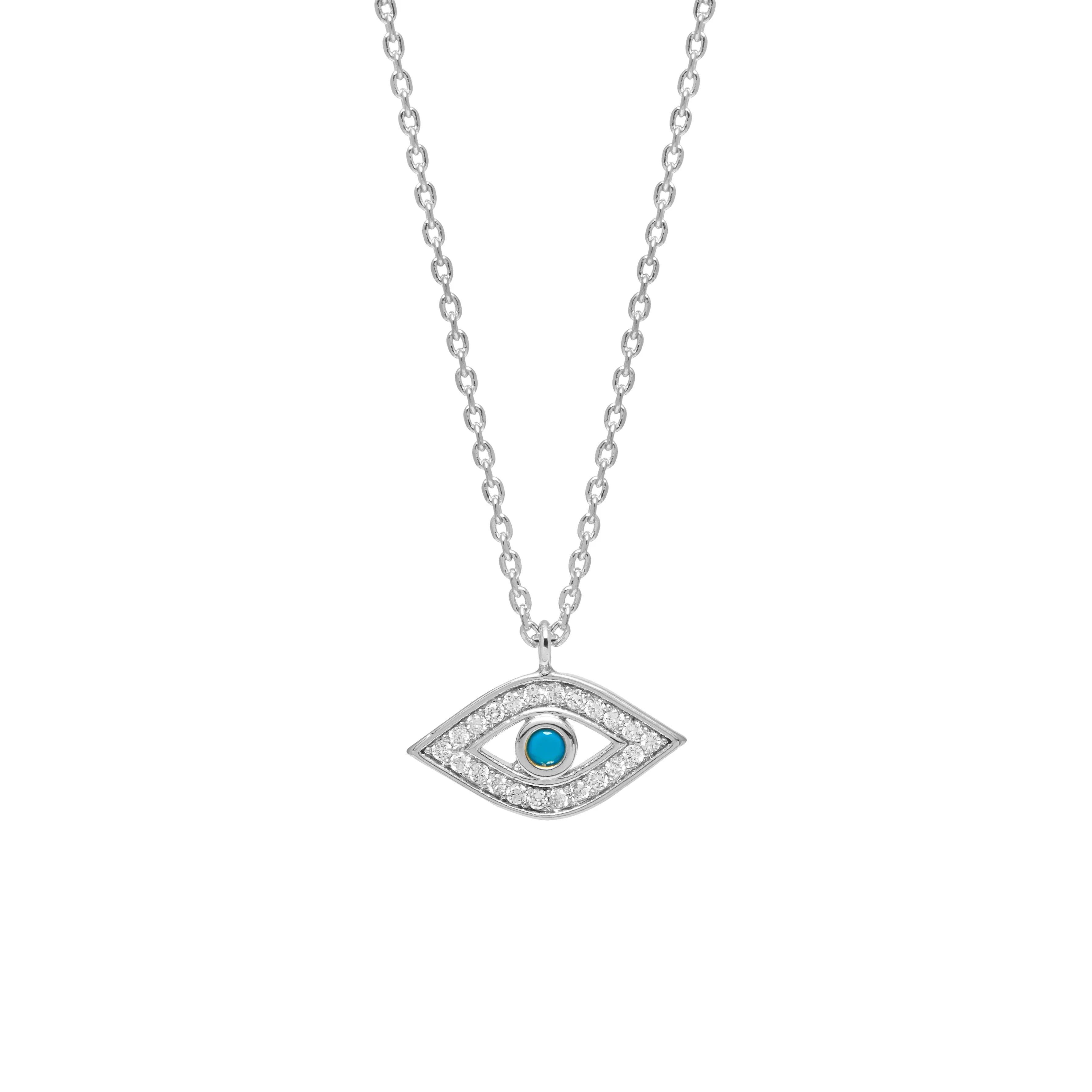 Rhodium crystal evil eye turquoise stone pendant necklace#HNN90858R(LE17)