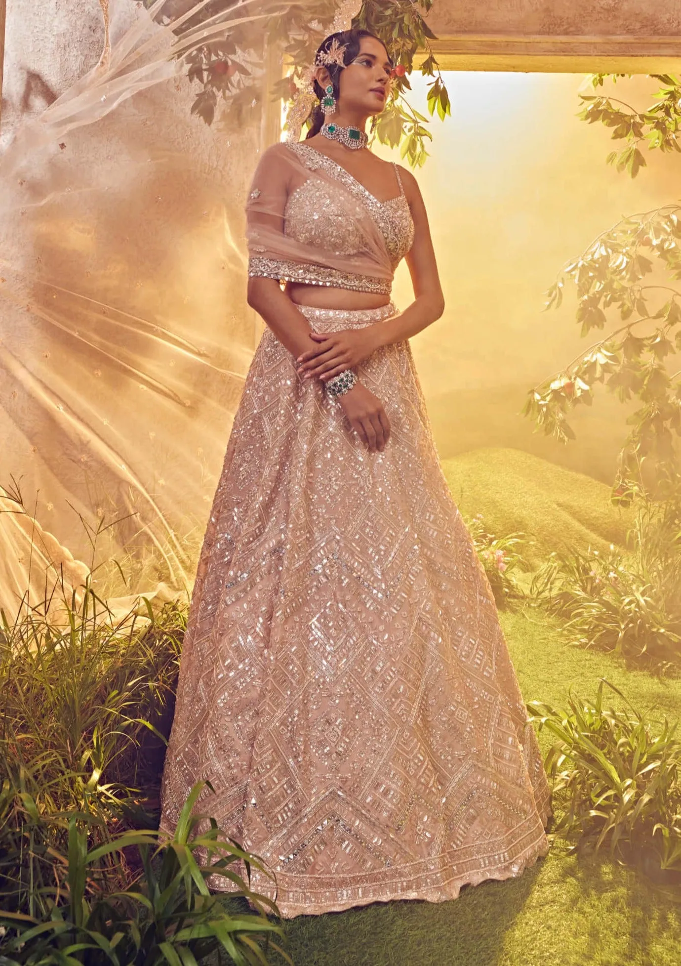 Salmon organza embroidered lehenga set