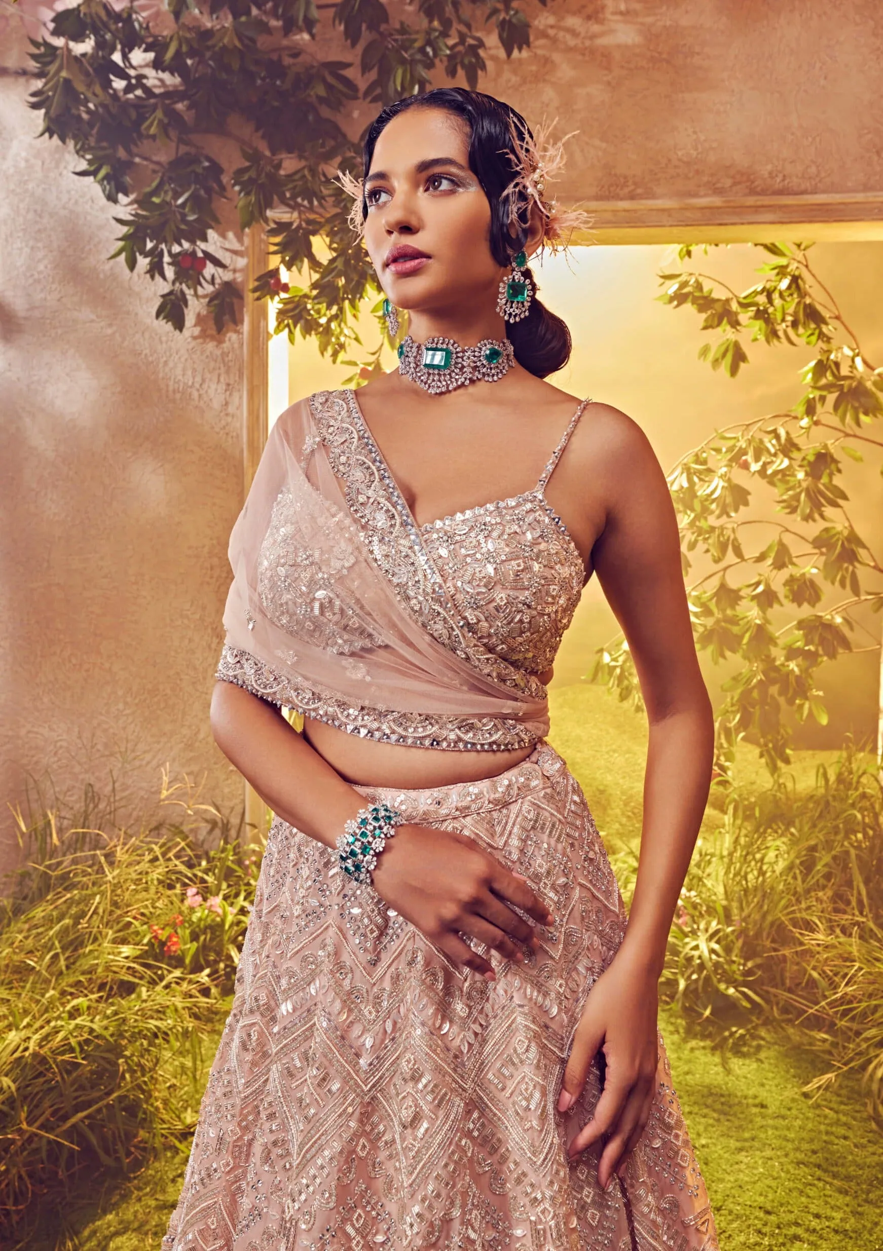 Salmon organza embroidered lehenga set