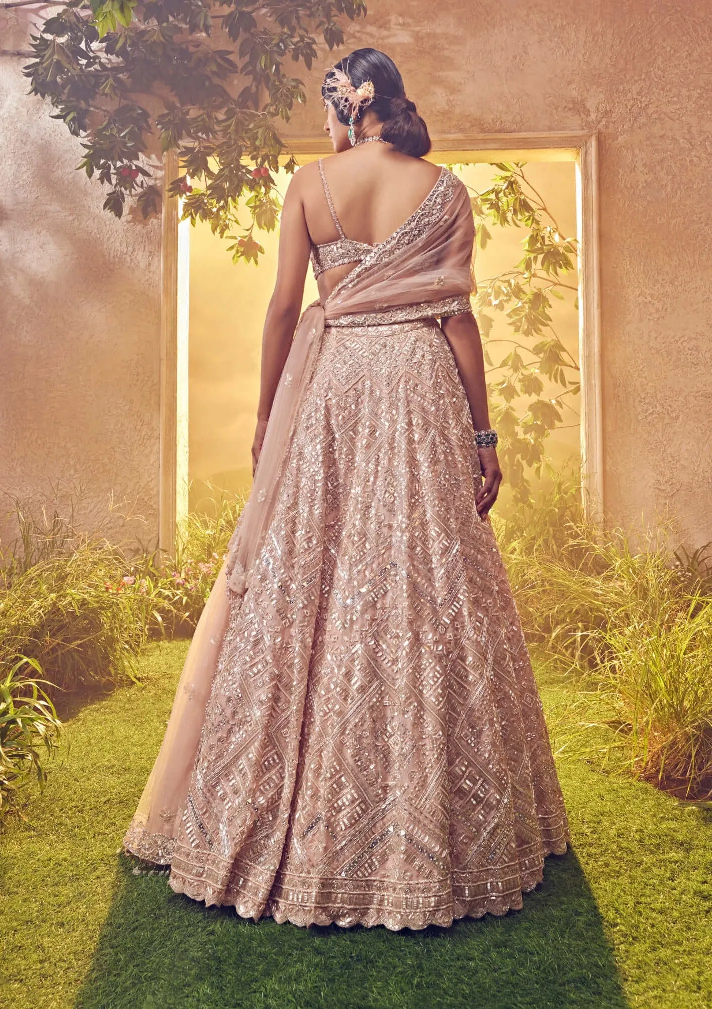 Salmon organza embroidered lehenga set