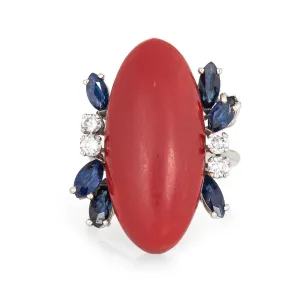 Sardinian Red Coral Sapphire Diamond Ring Vintage 18k White Gold Fine Cocktail