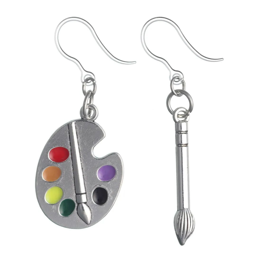 Silver Paint Brush & Palette Dangles Hypoallergenic Earrings for Sensitive Ears Made with Plastic Posts