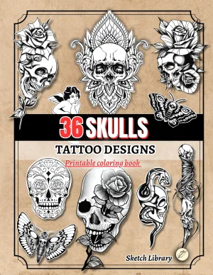 Skull Tattoo Designs Coloring Book PDF format : 36 Mandala, Old School, and Realistic Skull Designs for Tattoo Artists