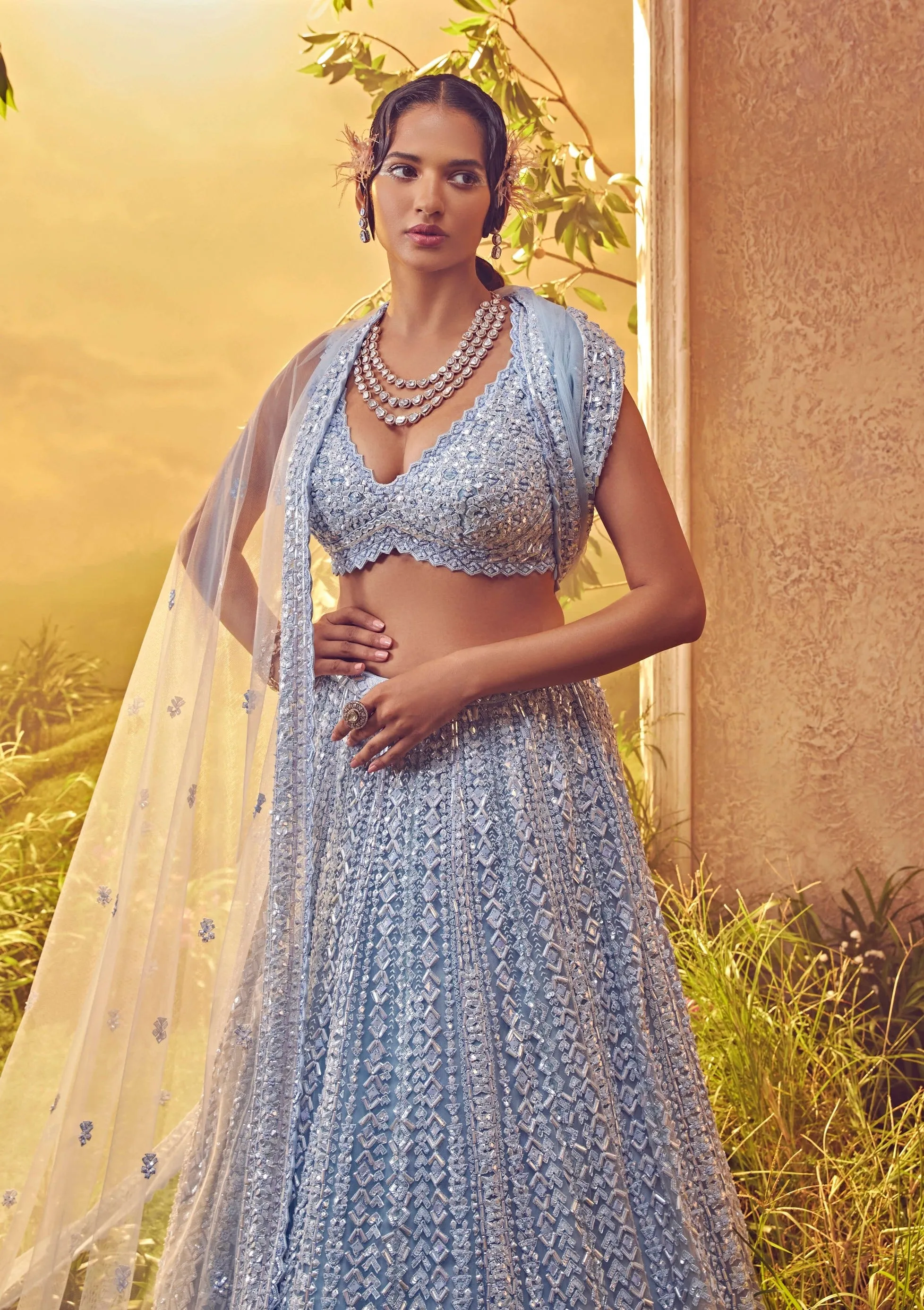 Sky blue tulle lehenga set